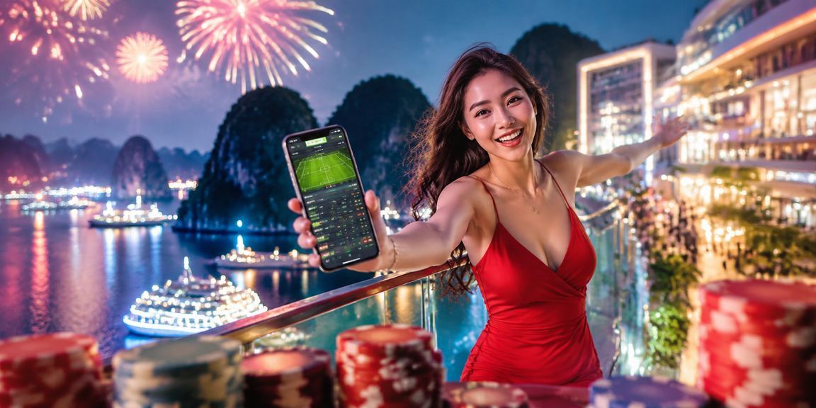 Khung cảnh lễ hội casino di động tại Hạ Long Bay với ánh đèn rực rỡ